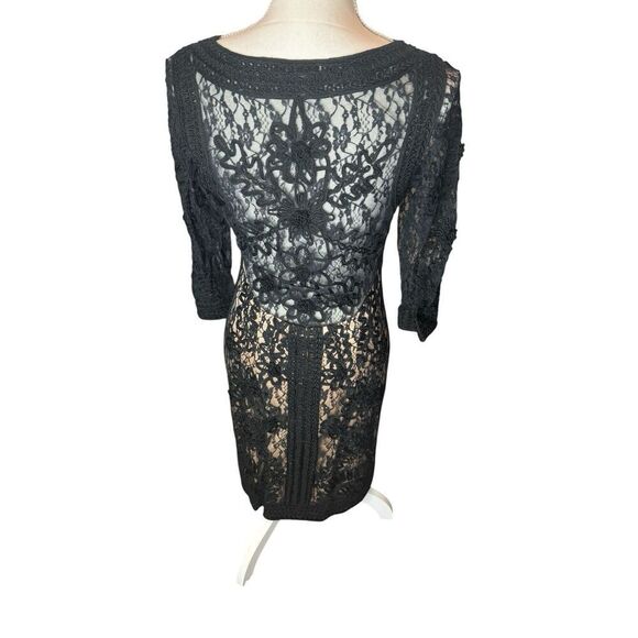 Sue Wong Black Heavily Embroidered Lace Dress Lined 3/4 Sleeve Cocktail Sz 10 - Picture 5 of 9